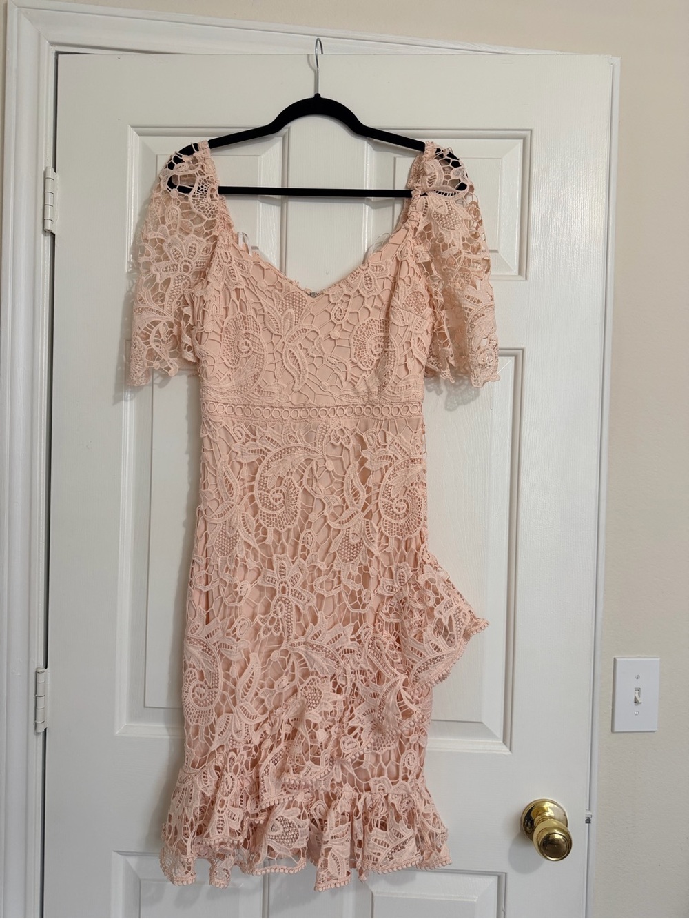 Lulu's Blush Pink Lace Midi Dress with Ruffle Hem